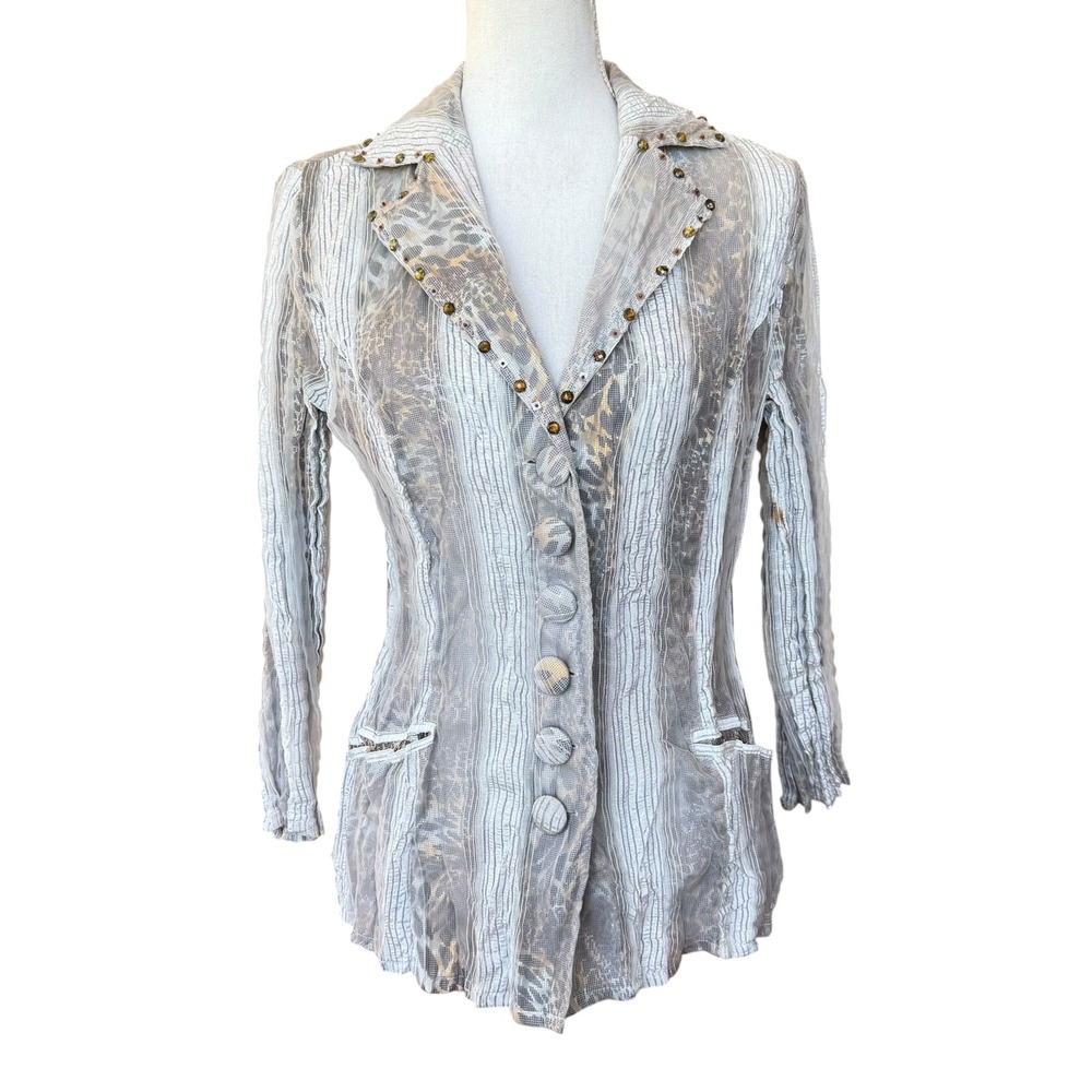 Sheer Mesh Leopard Stripe Studded Blazer Jacket Gray Tan Mixed Media